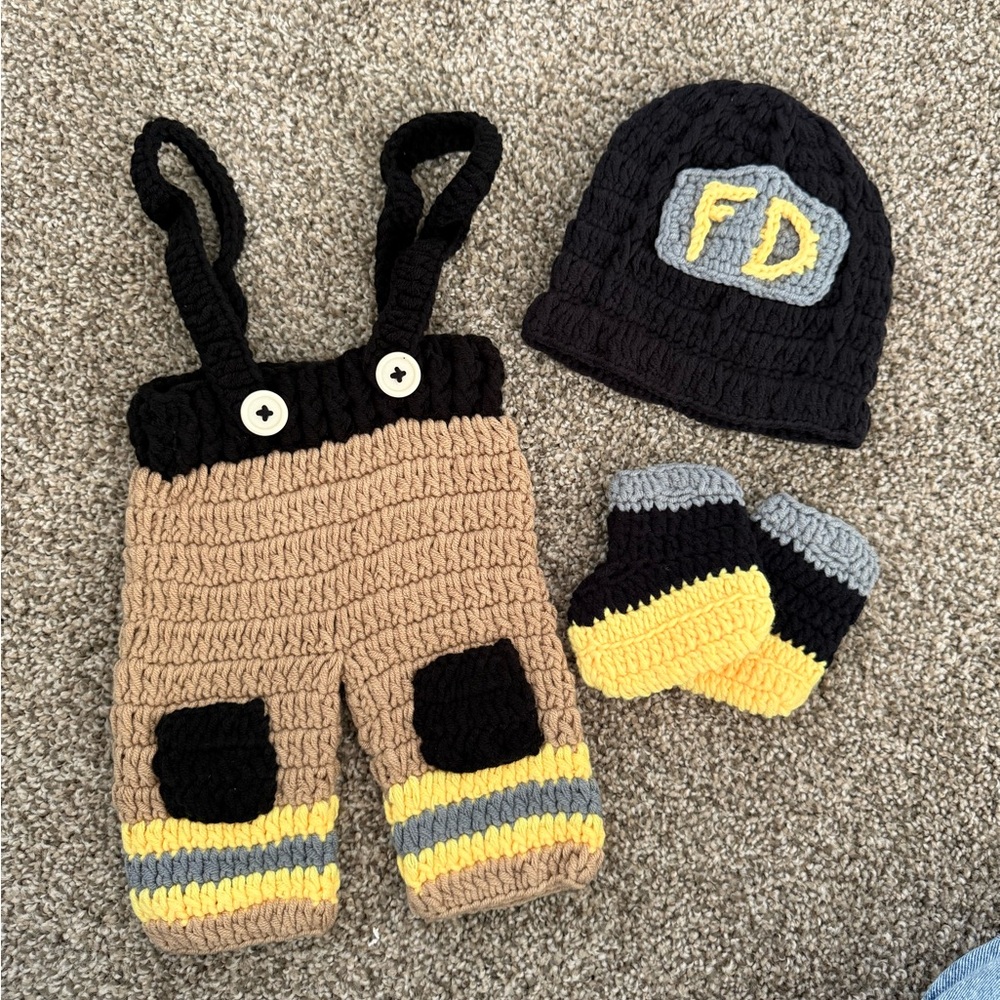 Firefighter Crochet Baby Outfit Set - Black, Yellow, Tan